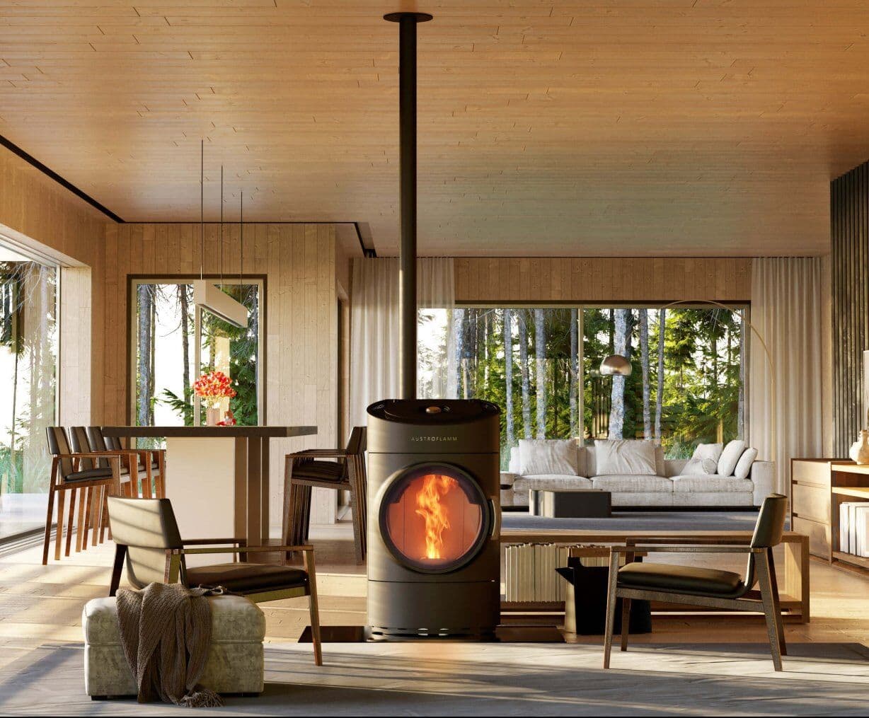 Austroflamm Clou Pellet 2.0 à Cavaillon (84300) : poêle à granulés design rond, silencieux et connecté. Vente et installation par Flamme Concept dans le Vaucluse, 84, et ses environs.